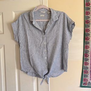 Linen Button Down Striped Tie Waist Top - Size Medium Weatherproof Vintage